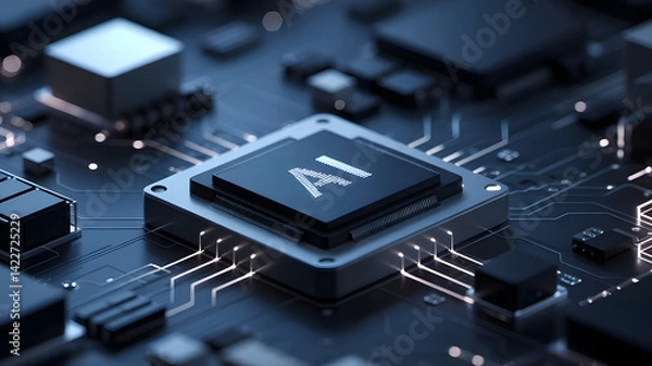 Obraz AI chip centered in blurred complex motherboard circuit background