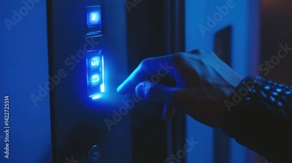 Fototapeta Person entering secure code on keypad with blue lighting