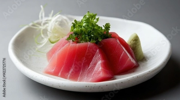 Fototapeta Plating of sashimi tuna with garnish, fine white plate, upscale vibe