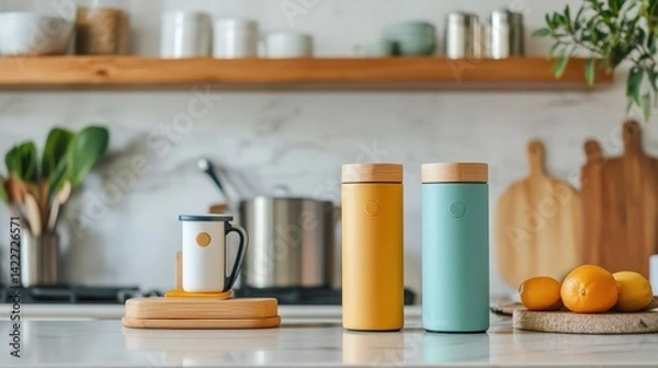 Fototapeta Reusable products on kitchen counter with clean aesthetics