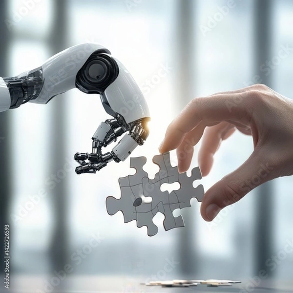 Fototapeta Robot arm and human hand building puzzle together, teamwork symbolism