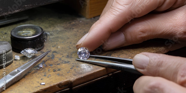 Fototapeta Jeweler inspecting a sparkling diamond with precision tools on workbench