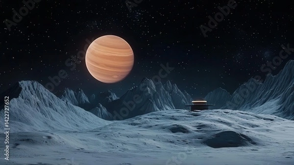 Obraz Futuristic observation post built on a tiny icy moon, a giant ringed planet looming in the background