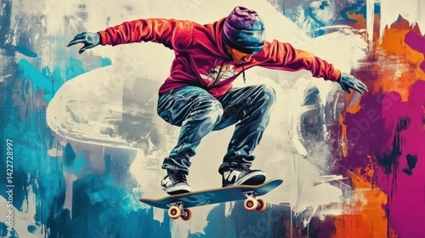 Fototapeta Urban graffiti background with skater in vibrant clothes