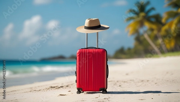 Obraz vibrant red luggage bag with hat standing upright, isolated against a softly blurred beach background
