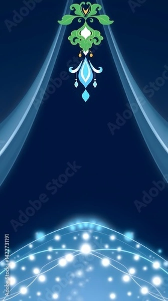 Obraz A rich, deep blue backdrop evokes a serene dreamscape, featuring an elegant green, white, and turquoise ornamental motif at the top and luminous