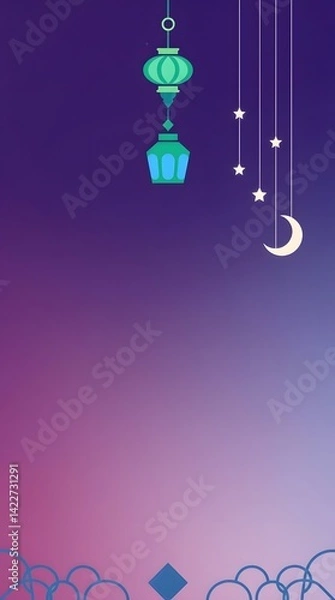 Obraz A serene gradient of purple and pink hues creates a twilight backdrop, featuring a hanging turquoise and green lantern, a delicate crescent moon, and trailing stars
