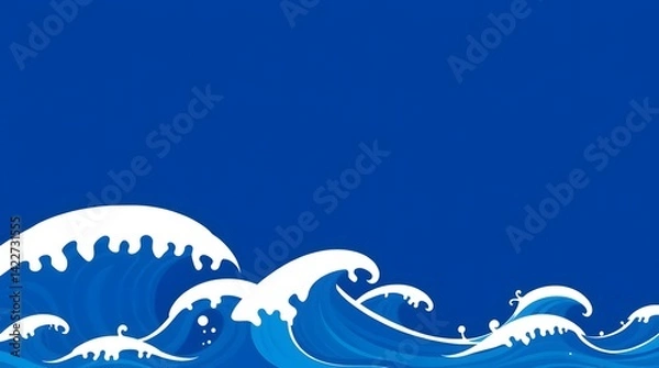Obraz A vibrant deep blue background showcases a series of stylized white ocean waves in various sizes, creating a sense of motion and energy. The simple yet dynamic illustration 