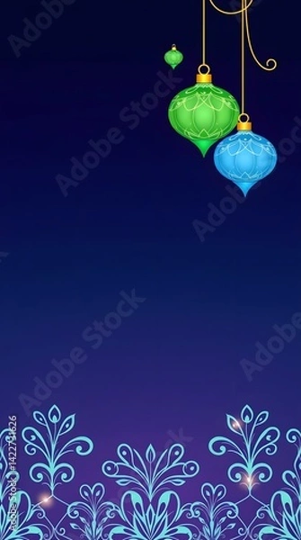 Obraz A rich indigo backdrop hosts a pair of hanging ornate lanterns, one green and one blue, casting subtle light. An intricate turquoise floral border graces the bottom, suggesting a festive and elegant o