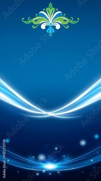 Obraz A vibrant blue gradient backdrop features a decorative green, white, and blue floral flourish at the top, complemented by dynamic, glowing white and blue abstract waves and bokeh lights at the bottom
