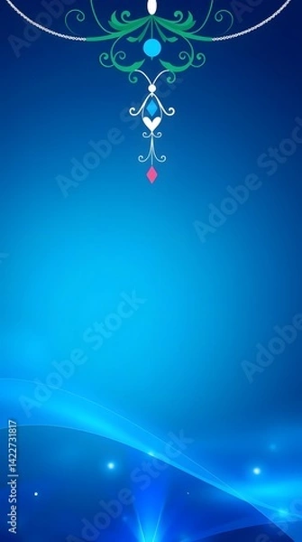 Obraz A calming gradient of blue hues provides a backdrop for a delicate green, white, and red ornamental design at the top and soft, glowing blue waves with subtle sparkles at the bottom