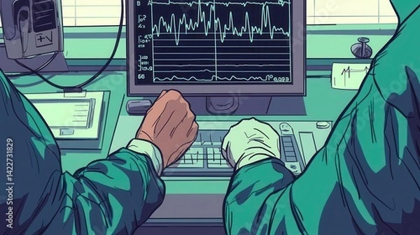 Obraz Patient holding chest in discomfort while doctor prepares ECG test, urgent cardiology scene