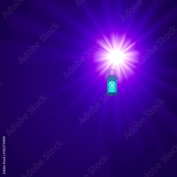 Obraz A glowing turquoise lantern emanates a powerful white light against a deep violet backdrop, creating a striking contrast. 