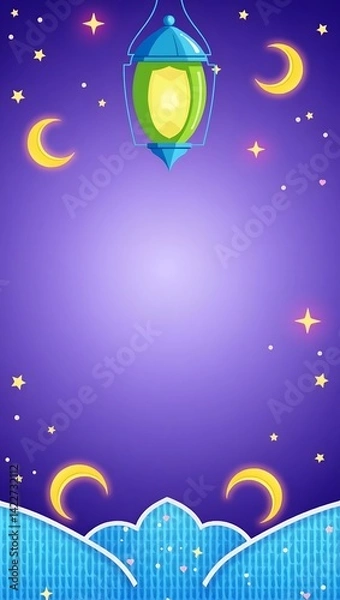 Obraz A vibrant purple canvas sets the stage for a glowing turquoise and yellow lantern, surrounded by golden crescent moons and twinkling stars.