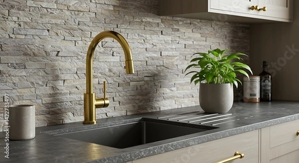 Fototapeta A kitchen sink with a golden faucet and a plant in a pot on the counter against a stone backsplash
