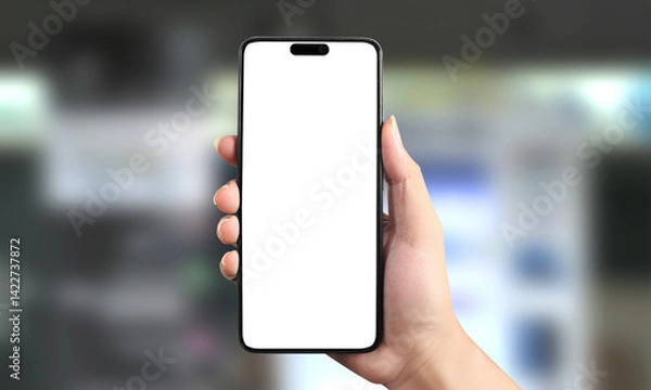Obraz Hand holding smartphone device and touching screen