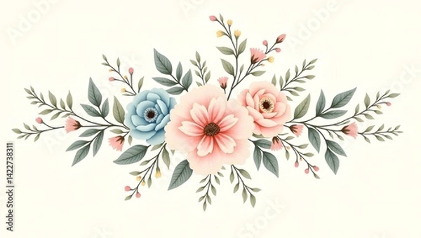 Obraz Beautifully composed floral arrangement with pink and blue flowers and lush foliage. This vintage-style bouquet vector is perfect for wedding designs, spring themes, and elegant decorative composition