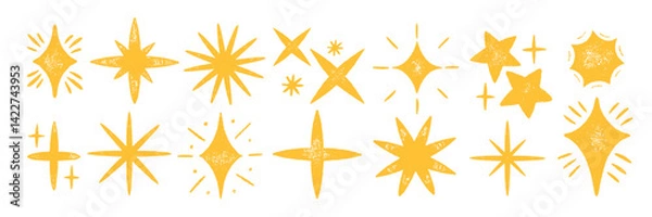Obraz Set of stars and magic sparks with crayon, pastel or chalk texture. Doodle sparkles with organic texture for collage or kids design. Yellow vector illustration on a white background.