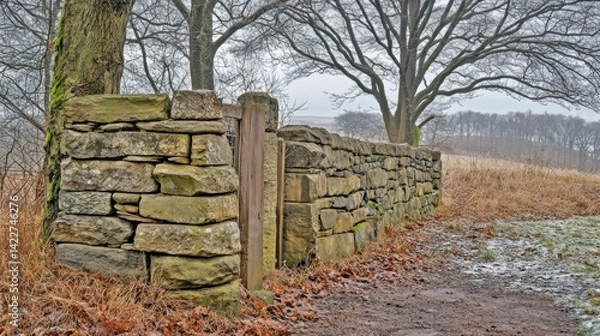 Obraz Rustic stone wall with gate in a winter landscape.