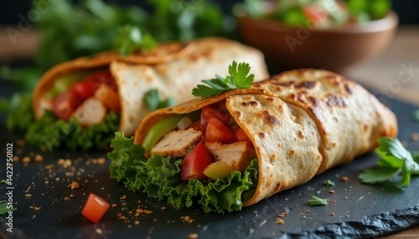 Fototapeta Delicious Chicken Wraps with Fresh Vegetables on a Dark Serving Board