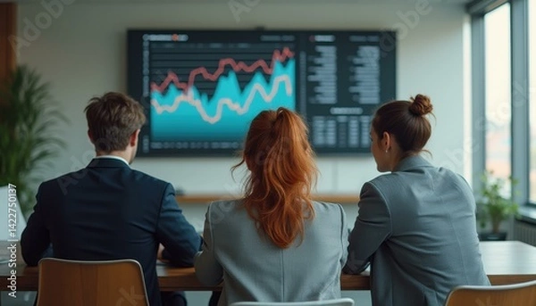 Fototapeta Professionals Analyzing Data at Modern Office Meeting with Large Screen Displaying Charts and Financial Information
