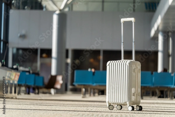 Obraz Travel, The suitcases in an empty airport hall, traveler cases in the departure airport terminal waiting for the area, vacation concept, blank space for text message or design, luggage for travel.