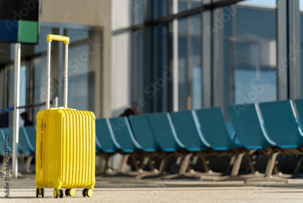 Obraz Travel, The suitcases in an empty airport hall, traveler cases in the departure airport terminal waiting for the area, vacation concept, blank space for text message or design, luggage for travel.