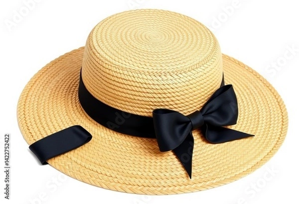 Fototapeta A classic straw boater hat, adorned with a sleek black bow, isolated on a pure white background, beach hat, vacation