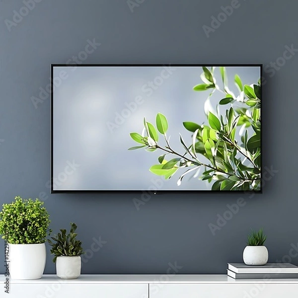 Fototapeta Television is mounted on a wall with a leafy green plant in a pot on a table
