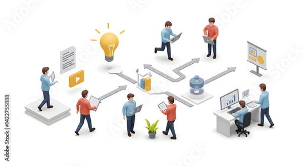 Fototapeta Isometric Illustration: Collaborative Teamwork Workflow & Innovation Process