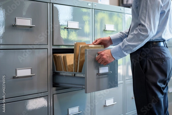 Fototapeta Business professional organizing files in a metal filing cabinet, maintaining records and documents