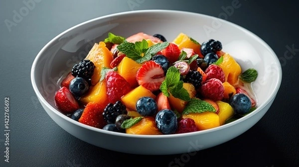 Fototapeta Fruit salad in white bowl . The fruit mix includes strawberries, kiwi, oranges and apple slices