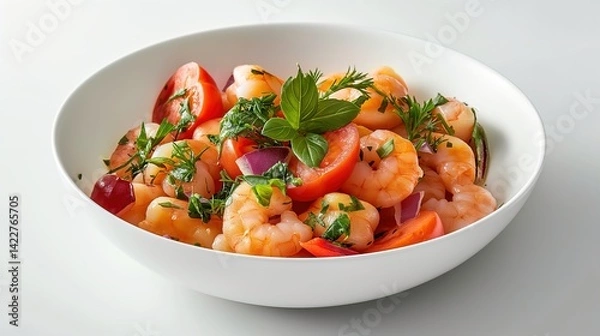 Fototapeta A white bowl contains a vibrant shrimp salad, looking fresh and appetizing, suggesting a light and healthy meal.
