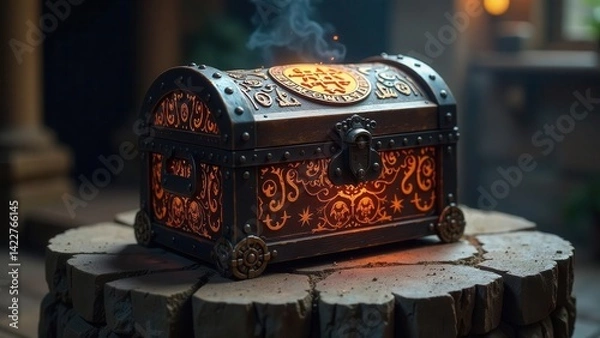 Obraz An ornate, antique wooden chest with glowing symbols, resting on a rustic stone surface, emitting a faint, mystical smoke.