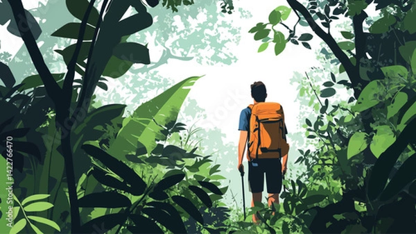 Obraz The painting is a stylized illustration, possibly a digital painting, of a lone figure with an orange backpack and trekking poles, standing at the edge of a dense, verdant jungle.