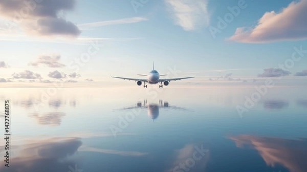 Fototapeta Airplane Soaring Over Vast Open Sky with Reflection on Calm Water Surface