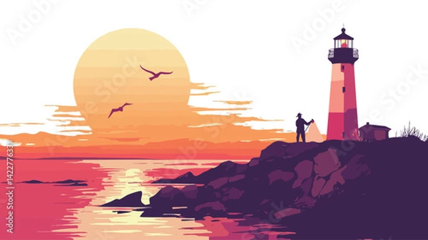 Obraz digitally rendered vector illustration of a coastal scene at sunset. The color scheme is dominated by warm tones of orange, pink, and purple, creating a vibrant yet peaceful and calming atmosphere.