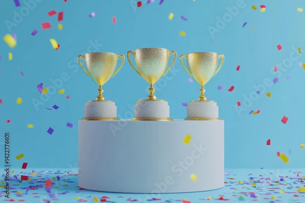 Obraz Three golden trophies stand proudly on white podium, surrounded by colorful confetti against vibrant blue background, celebrating success and achievement
