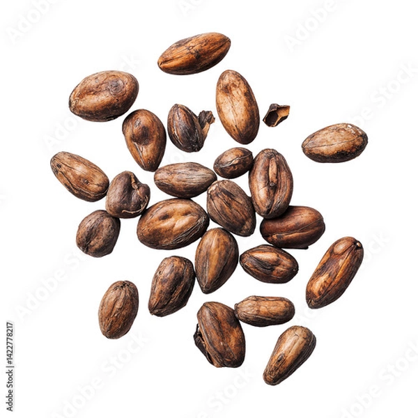 Obraz Falling cocoa beans with broken shells isolated on transparent background