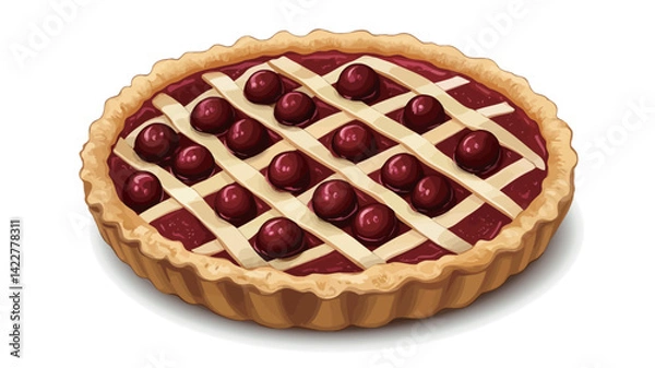 Obraz high-angle panoramic photo of a round cherry pie against a pure white background. The pie crust is golden brown and fluted, encasing the crystal clear cherries.