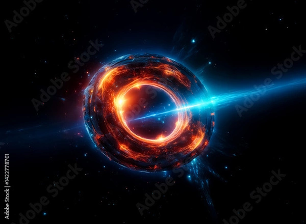 Fototapeta A cosmic orb surrounded by energetic fire and light, a celestial phenomenon bursting with color and light. A blue beam pierces through the core.  Cosmic hints of the unknown.
