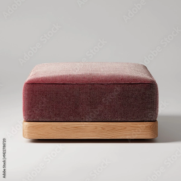Fototapeta Red Fabric Ottoman with Oak Wood Base  Modern Square Footstool