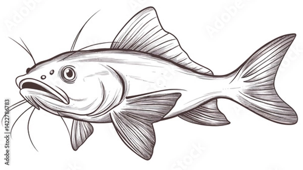 Fototapeta This image shows a detailed monochrome line drawing of a catfish. The illustration uses varying line weights to create a sense of depth and texture.