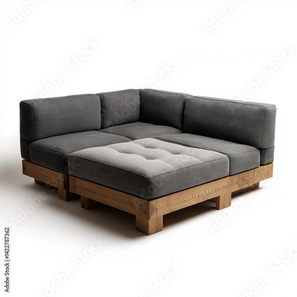 Fototapeta Modern Modular Sofa Gray Fabric Oak Wood Frame LShaped Sectional