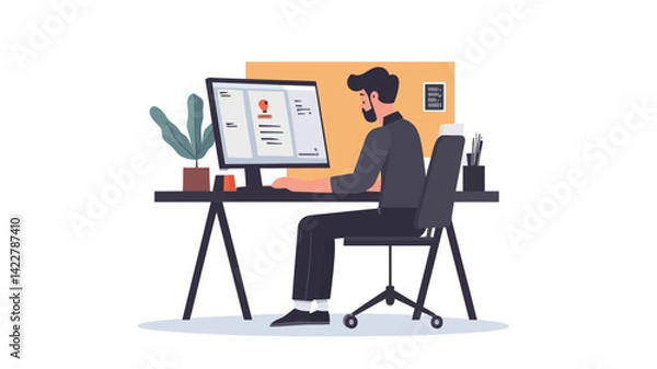 Obraz A digitally rendered illustration depicts a stylized male figure seated at a minimalist desk in three-quarter view.