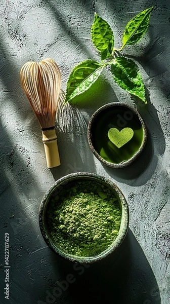 Fototapeta Whisk, matcha powder, leaf, and bowl arranged on textured background
