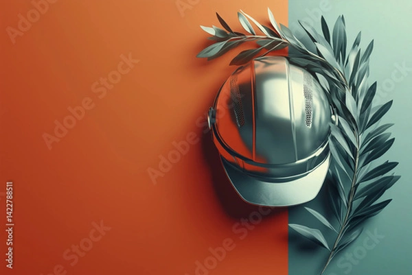 Fototapeta A hard hat surrounded by olive branches, symbolizing safety, peace, and the essence of labor on May Day.