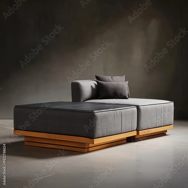 Fototapeta Modern Gray Modular Sofa with Oak Base  Cushions
