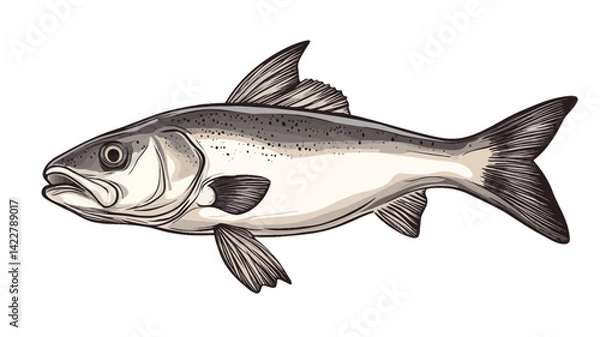 Obraz A detailed illustration of a bluefish, rendered in grayscale to show realistic anatomy.