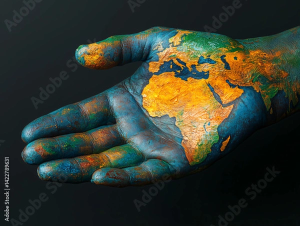 Fototapeta A human hand painted with a world map, symbolizing global unity, world cooperation, and interconnectedness on a dark background.